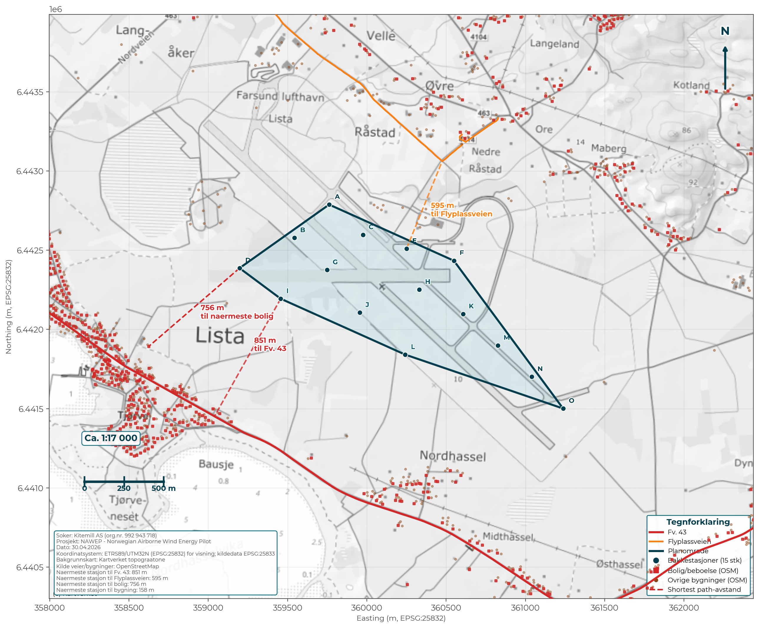 Distance map NAWEP - County road 43, Flyplassveien, buildings