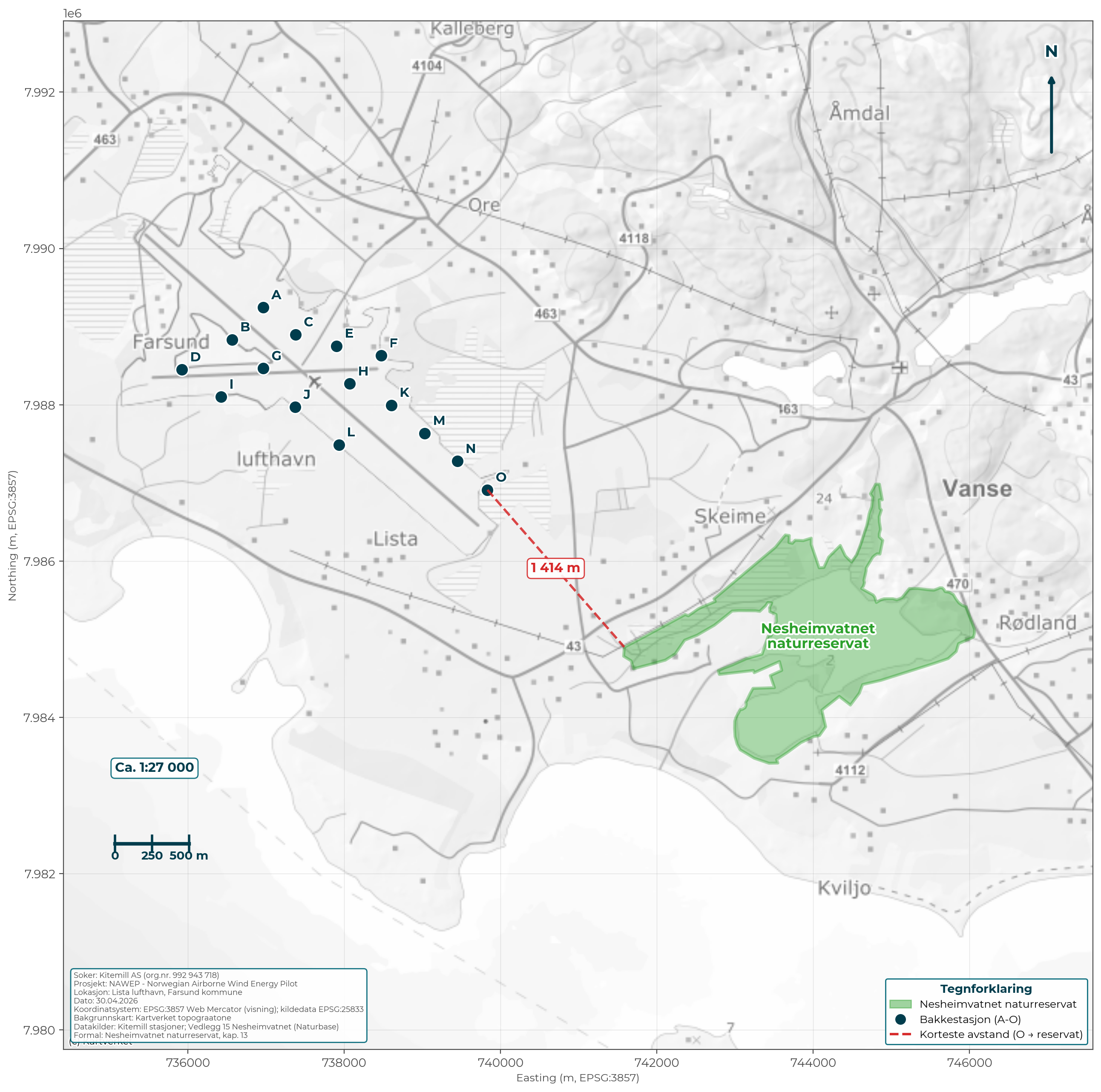 Map showing station locations in relation to Nesheimsvatnet nature reserve