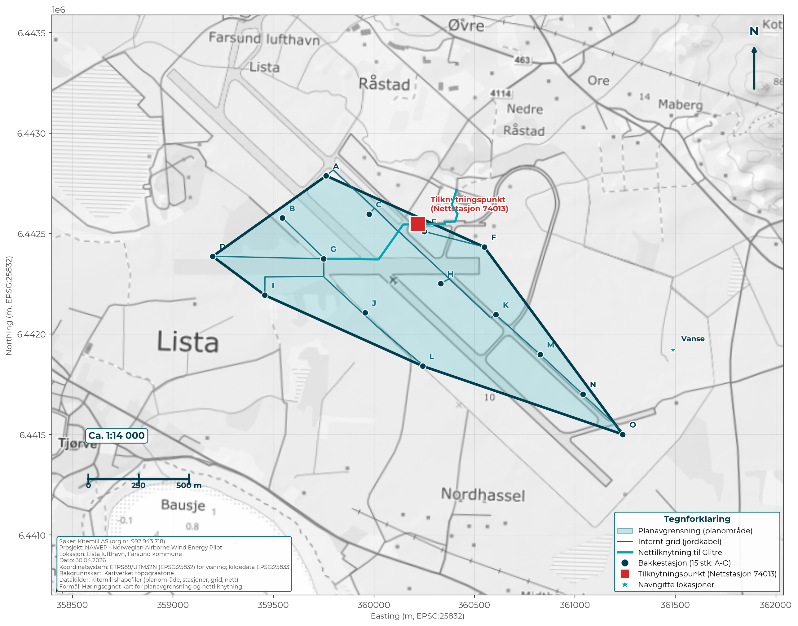 NVE-suitable map with plan delimitation, stations, internal grid and grid connection