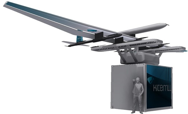 Render of Kitemill's ground station with kite in parked position. The person illustrates scale.