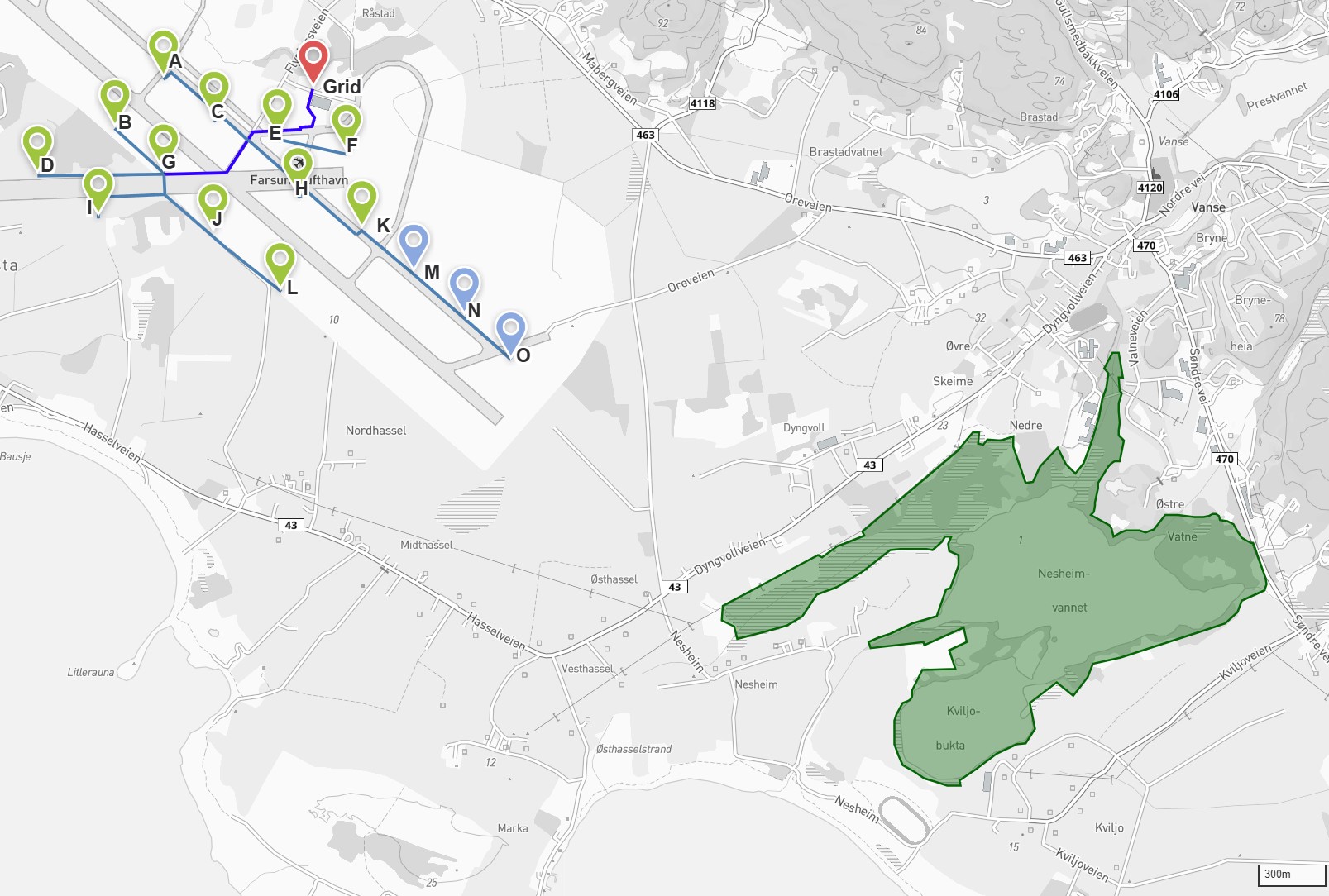 Map showing station placements in relation to Nesheimvatnet Nature Reserve